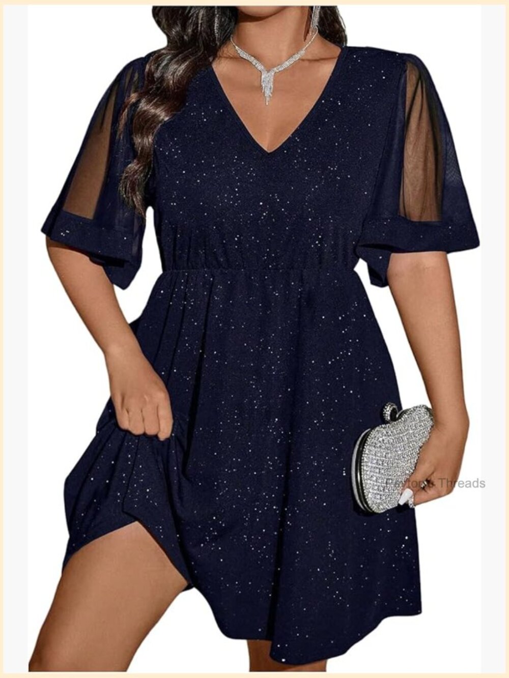Plus Size Contrast Mesh Flounce Sleeve V-Neck Glitter A-Line Dress
